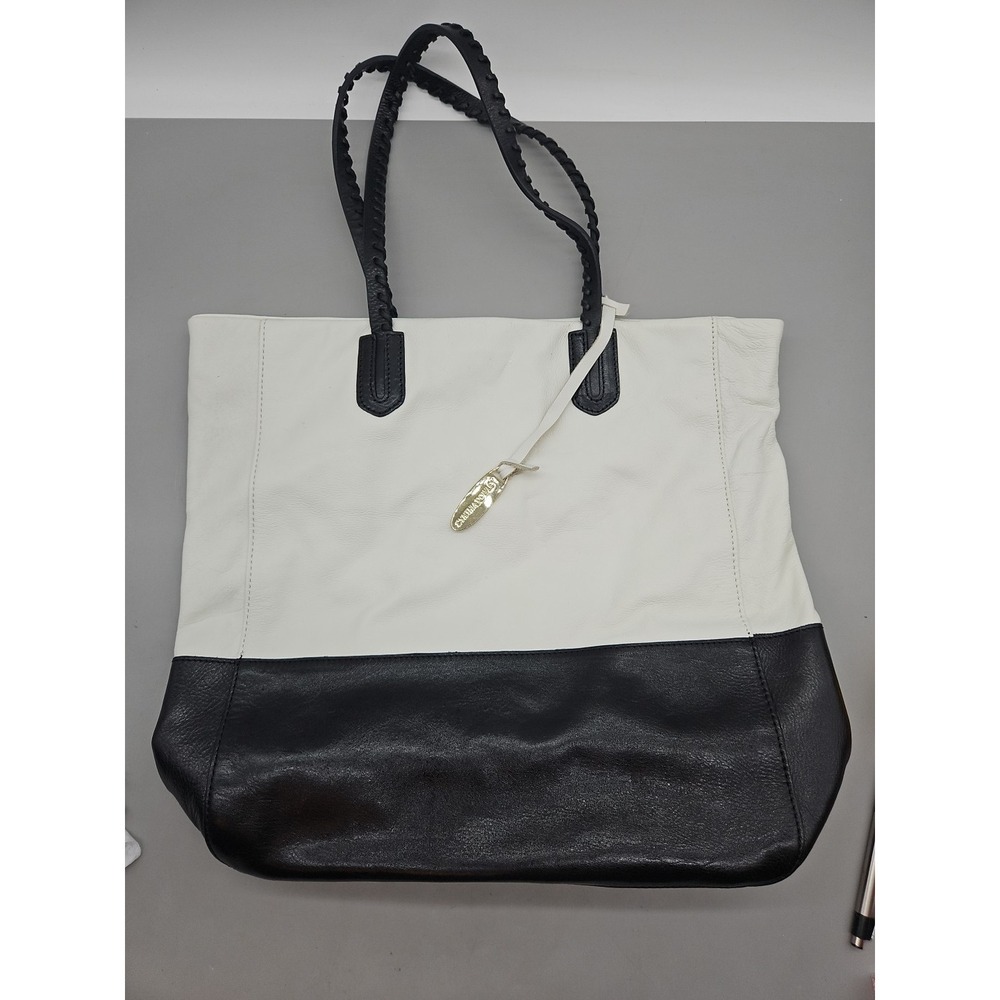 Cynthia Rowley Black & White Genuine Leather Double Handle Tote Purse Handbag